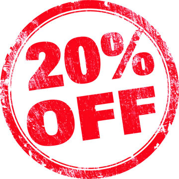 Discount sticker announcing 20 percent off sale with bold red design on a white background
