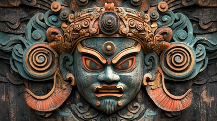 Intricate, carved wooden mask with detailed designs.