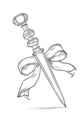 Tattoo design of a dagger with a ribbon in minimalistic style  