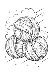 Illustration of three yarn balls in minimalistic line art style  