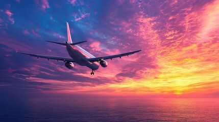 A commercial airplane flying over the ocean at sunset.