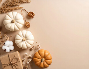Minimal Thanksgiving flat lay with white pumpkins, dried flowers, and rustic gift box, great for lifestyle posts.