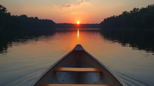 Canoe trip at sunset on a calm river with trees on both sides reflecting the sun in the water view from canoe - Powered by Adobe