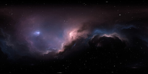 360 degree space nebula. Giant interstellar cloud with stars, equirectangular projection, environment map. Spherical panorama. 3D rendering, Fractal image