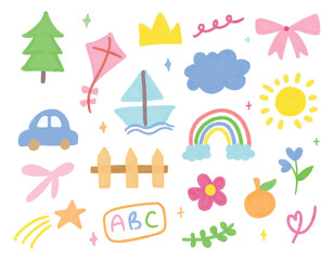 Crayon drawn kid doodle collection. Colorful hand drawn like cloud, flower, rainbow, sky. Adorable kid's drawing vector isolated scribble for element, design, asset, material