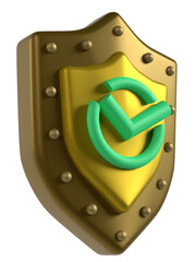 シールドに緑色のチェックマークが配置された認証とセキュリティを象徴する3Dイラスト
