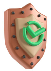 シールドに緑色のチェックマークが配置された認証とセキュリティを象徴する3Dイラスト