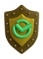 シールドに緑色のチェックマークが配置された認証とセキュリティを象徴する3Dイラスト