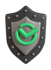 シールドに緑色のチェックマークが配置された認証とセキュリティを象徴する3Dイラスト