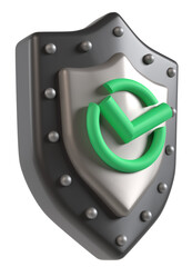 シールドに緑色のチェックマークが配置された認証とセキュリティを象徴する3Dイラスト