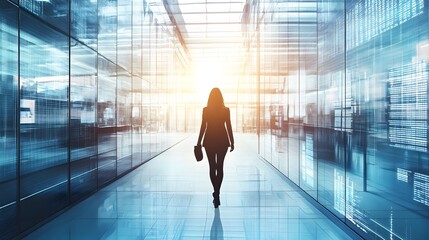 Woman Walking Towards the Light: A lone female figure, silhouetted against the bright light at the end of a long, glass-walled corridor, evokes a sense of ambition, progress, and the pursuit of goals.