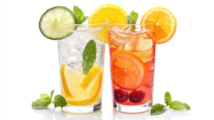 Two glasses of iced tea with lemon slices and mint leaves, placed on a white table with a white background.