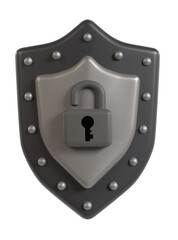 シールドと開いた黄色い南京錠でセキュリティと保護を象徴した3Dイラスト
