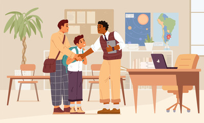 African American teacher meets his student and his father in the classroom flat vector illustration.