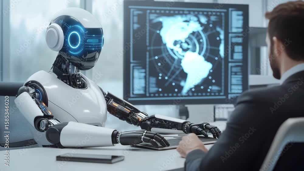 Poster a human interacts with a humanoid robot in a contemporary office setting as digital displays showcas