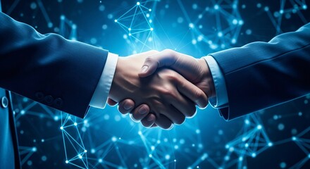 Business partners shaking hands with a glowing blue digital network in the background