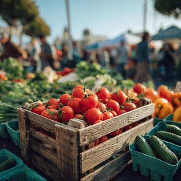 A crate of ripe tomatoes sits on a counter at a farmers market