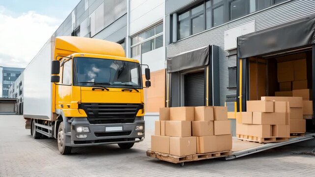 A delivery truck arrives at a warehouse loading dock to unload cardboard boxes onto a pallet in a busy logistics area