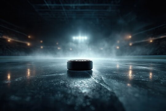 an empty ice hockey rink with a black hockey puck