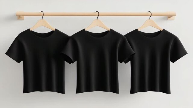Three black t shirts are neatly arranged on a wooden rack, showcasing a simple and minimalistic design ideal for retail settings