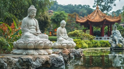 Obraz premium Two serene Buddha statues in a tranquil garden setting, surrounded by lush greenery and a serene pond.
