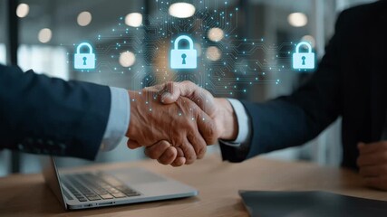 Business handshake with cybersecurity digital lock icon symbolizing data protection and secure agreement. - Powered by Adobe
