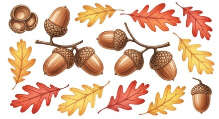 Autumn acorns and colorful oak leaves for seasonal design projects