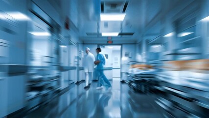 Hyperlapse motion blur of hospital corridor filled with medical doctors and healthcare professionals. - Powered by Adobe