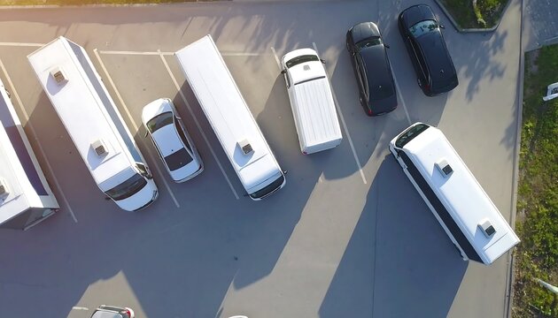 Overhead view of a parking lot with buses, vans, and cars