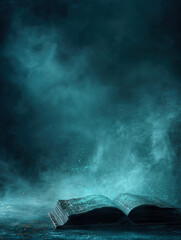 Open ancient book glowing with magical blue light and smoke