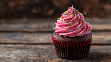 Colorful birthday cupcake with swirl frosting and candle on rustic wooden table




