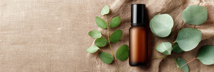 Cosmetic bottles with eucalyptus flowers towels and linen on pastel background top view flat lay natural organic skincare and spa concept perfect for beauty product branding body care wellness design