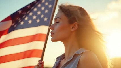 Reflective Woman Standing Proud with American Flag – Women’s Equality Tribute - Powered by Adobe