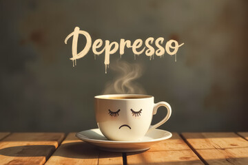 Cup of coffee with a face drawn on it and the word depresso written above it