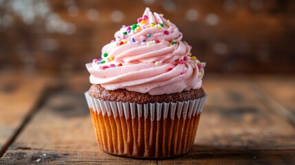 Colorful birthday cupcake with swirl frosting and candle on rustic wooden table




