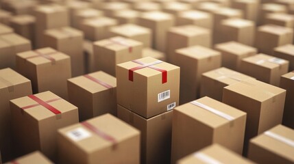 A cluster of cardboard boxes with red and white tape, stacked in a grid pattern, with a single box standing out due to its unique positioning.