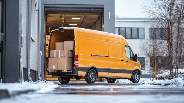 A yellow van with boxes on its back parked in front of a building with a gray facade and a white door.