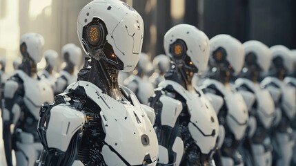 Fototapeta premium A group of advanced, white, robotic soldiers standing in formation, facing forward, with a blurred background of a cityscape.
