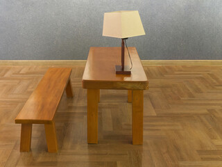 Wooden Table and Bench with Lamp in a Room
