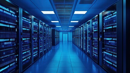 A long, narrow hallway with blue lights, lined with server racks and computer equipment, leading to a door at the end.