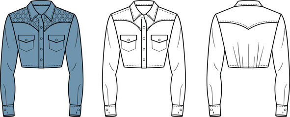 Western style cropped denim jacket, front back views, fashion CAD drawing, clothing design template, garment sketch flat vector illustration