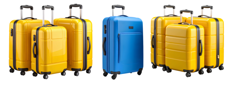 Bright Yellow and blue Luggage Trio with Rounded Edges and Bold Highlights, Isolated  transparent background PNG
