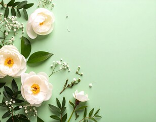 Soft white peonies and greenery on a mint green background