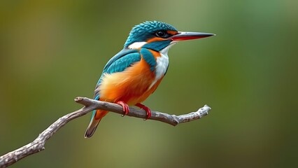 Obraz premium Vibrant common kingfisher perched on a branch with soft green background