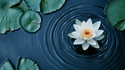 On the water, a white lotus flower with surrounding green leaves is captured in this photo