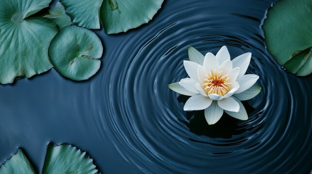 On the water, a white lotus flower with surrounding green leaves is captured in this photo - Powered by Adobe