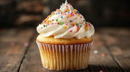 Colorful frosted birthday cupcake with candle on rustic wooden table, festive dessert for celebration or party theme




