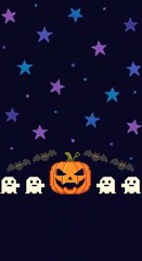 Spooky halloween design with ghosts, bats, and jack o lantern under starry night sky