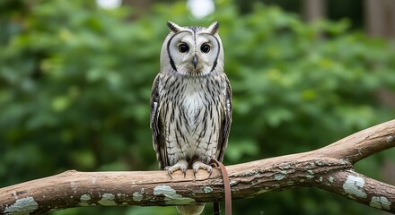 A striking white and grey owl with large dark eyes sits perched on a weathered branch
