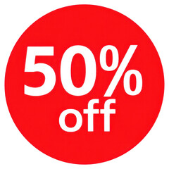 Circular red sticker highlighting a 50 percent discount on products during a clearance sale